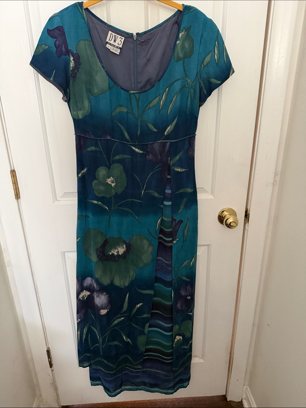 Vintage 90s DW3 BoHo Art to Wear Teal Floral Maxi Dress with Cap Sleeves